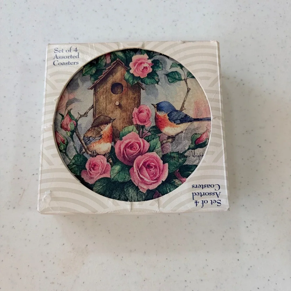CoasterStone Carolyn Shores Wright Bird Birdhouse Rose Absorbent Coasters Set 4